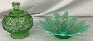 lot 21 image: Vintage Green Glassware Pair - Inlcudes L.E.Smith 6 Covered Compote and Fostoria Heirloom Rolled Candle Holder(8.5W)