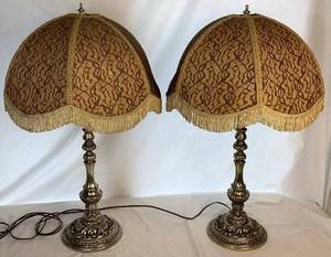 lot 58 image: Pair of Vintage Lamps with Fringe Dome Shades and White Glass Globes