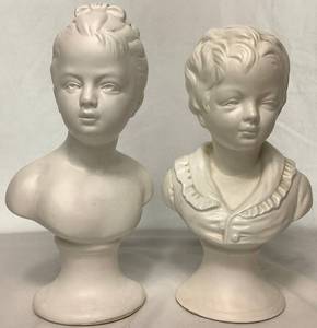 lot 55 image: Vintage National Potteries Co. Boy and Girl Pedestal Bust Figures Japan