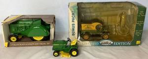 lot 83 image: John Deere Die Cast Collectible Bundle of 1912 Ford Model T Delivery Car, John Deere Model 60 Orchard Tractor and John Deere Lawn Mower