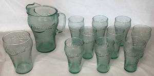 lot 94 image: Vintage Coca-Cola Green Pebbled Glass 2L Pitcher with 9- 6 Glasses and 1- 7 Glass