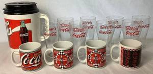 lot 99 image: Assorted Coca-Cola Drinkware Bundle - Includes 64 oz Travel Mug, 8 Clear Traditional 6 Glasses, and 4 Coffee Cups