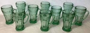 lot 95 image: Set of 10 Vintage Coca-Cola Heavy Green Glass Mugs with Handles -6.25H