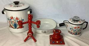 lot 107 image: Vintage Scandinavian Kitchenware Collection Includes- Berggren Enamel Coffee Pot, Berggren Enamel Steamer Pot, Berggren Enamel Pan Decor, and 2 Handpainted Candle Holders