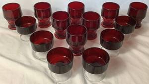 lot 129 image: Red Drinkware Assortment - Includes 8 Ruby Red Georgian Honeycomb Whiskey Tumblers and 6 Vintage French Champagne Glasses from Luminarc
