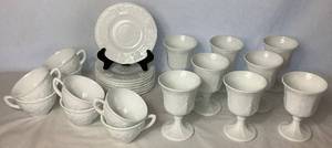 lot 139 image: Vintage Harvest Grape Pattern Milk Glass Drinkware- Includes 8 Goblets, 8 Tea Cups, and 8 Saucers