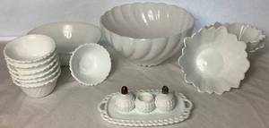 lot 133 image: Assorted Milk Glass Collection - Includes Weavetex, Sunflower, Diamond Point, Hazel Atlas Swirl, and Scalloped