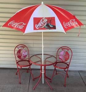 lot 36 image: Set of 2 Vintage Coca-Cola Metal Folding Chairs with Red Metal Bistro Table and Umbrella- Lot 1
