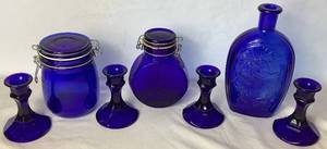 lot 120 image: Collection of Assorted Cobalt Blue Decor - Includes 2 Canisters, 1 Vase, and 2 Canisters