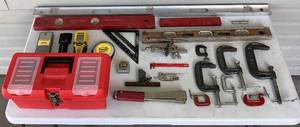 lot 188 image: Collection of Measuring Devices, C-clamps, Roof Shingle Stapler & Cooper Pipe Flare Tool
