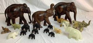 lot 143 image: Collection of Wood, Oyster Shell, and Stone Handcarved Elephants- 18 Pieces Total