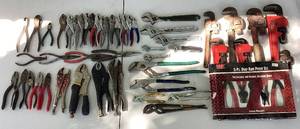 lot 182 image: Large Assortment of Pliers, Cresent Wrenches, Locking PliersIce Grips, LInesman Pliers, Channel Lock Pliers, Needle Nose Pliers, Slip Joint Pliers, Pipe Wrenches, Cresent Wrenches and more