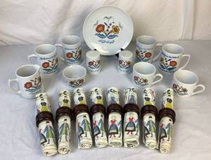 lot 106 image: Vintage Scandinavian Servingware Collection Includes- 8 Cloth Napkins with Wooden Rings and Berggren Dinnerware - 4 Coffee Cups, 2 Tea Cups, Salt & Pepper Shakers, Cream & Sugar, and 7.5 Plate