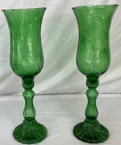 lot 8 image: Pair of Vintage Empoli Emeral Green Glass Candle Holders- 17.25