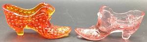 lot 19 image: Pair of Vintage Fenton Glass Shoes - Orange Amberina Hobnail Cathead Slipper and Cabbage Rose