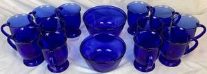lot 118 image: Cobalt Blue Anchor Hocking Bundle- Includes 12 Glass Coffee Mugs and 1 Qt and 1.5 Qt Nesting Bowls