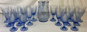 lot 115 image: Set of 18 Vintage Libby Glass Sirrus Pattern Blue Transucent Water Goblets and Coordinating Blue Glass Pitcher