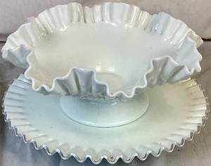 lot 140 image: Vintage Fenton Milk Glass Hobnail Footed Bowl (10.5W x 4.75H) and Vintage Fenton Silver Crest Footed Cake Stand (12W x 2.5H)