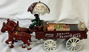 lot 167 image: Vintage Cast Iron Horse-Drawn Cart with Fresh Fruits and Vegetables