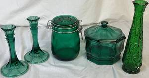 lot 124 image: Assortment of Emerald Green Decor - Includes 2 Candlesticks, 1 Canister, 1 Lidded Candy Dish, and 1 Vase