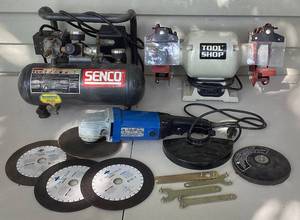 lot 189 image: Corded Tool Lot- Senco Air Compressor, Bench Grinder and Angle Grinder