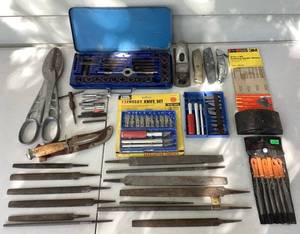 lot 193 image: Garage Collection of Die and Tap Set, Metal Files, Hobby Knife Sets, Vintage Planer, Vintage Andy Aluminum Snips, Vintage Mora Hunting Knife and Mat Knives