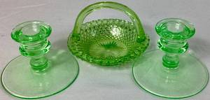 lot 26 image: Uranium Glassware Bundle - Pair of Depression Glass Candlestick Holders and Imperial Glass Handled Bowl