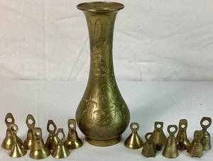 lot 203 image: Brass Collection of 14 Small Brass Bells and 7.5 Vase