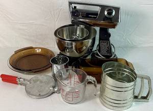 lot 239 image: Vintage Baking Bundle - Hamilton Beach Mixer, Flour Sifters, Fire King Glassware