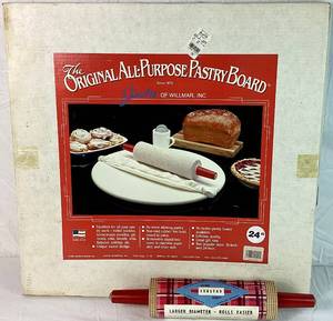 lot 208 image: Lefse Bundle - Vintage 24 Jacobs Original Pastry Board and Lokstak Larger Diameter Rolling Pin
