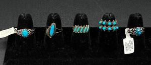 lot 216 image: Sterling Silver and Turquoise Rings - 5 Rings sizes 5, 6, 7 (3)