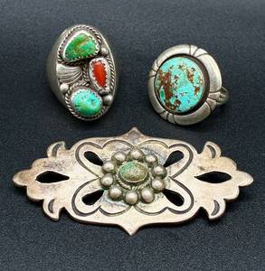 Sterling Silver .925 Rings and Taxco Sterling Silver .980 Brooch/Pin with Center Stone