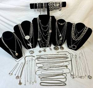 lot 199 image: Grand Bundle of Silver Tone Necklaces and Bracelets