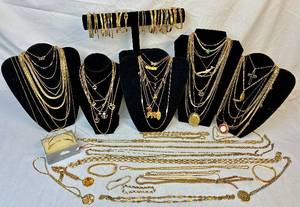 lot 200 image: Large Assortment of Gold Tone Necklaces and Bracelets