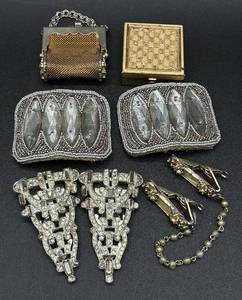 lot 242 image: Vintage Jewelry Bundle of  Art Deco Shoe Scarf Clips, Mother of Pearl Collar Chain, Coin Purse and Pillbox