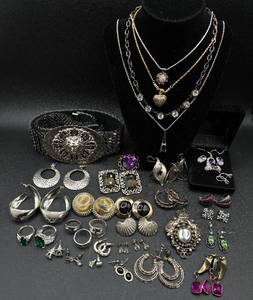 lot 280 image: Vintage 1980s Stretch Stone CZ Gold Belt, Necklaces and Earrings