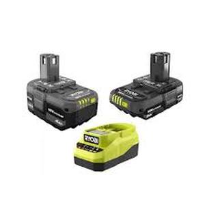 lot 32 image: RYOBI ONE 18V Lithium-Ion Starter Kit with 2.0 Ah Battery, 4.0 Ah Battery, and Charger    Customer Returns See Pictures