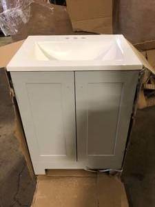 lot 19 image: 25 in. Single Sink Pearl Gray Bath Vanity with White Cultured Marble Top (Assembled)    Customer Returns See Pictures