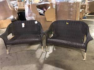 lot 21 image: StyleWell Emerald View Brown Wicker Outdoor Stack Loveseat Slightly Damaged Customer Returns See Pictures