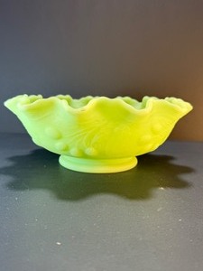 lot 106 image: Vintage Fenton Persian Medallion Lime Sherbet Satin Bowl (Uranium Glass)