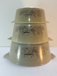 lot 88 image: Vintage Pyrex Forest Fancies Mushroom Nesting Bowls Set of 3  Almond Speckle Milk Glass (1980s)