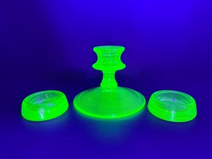 lot 122 image: VINTAGE Uranium Vaseline Glass 3-Piece Set Candlestick Holder &amp Pair of Salt Cellars  Coasters - GLOWS
