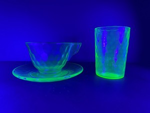 lot 205 image: Vintage Uranium Vaseline Glass Tea Cup w Saucer &amp Tumbler Set  UV Glows Bright Green