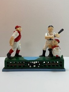 lot 42 image: VINTAGE Cast Iron Mechanical Coin Bank Hometown Battery Baseball Pitcher Batter (Works Great)
