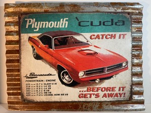 lot 213 image: Vintage Plymouth Cuda Catch It Metal Tin Sign - 1970 Barracuda Man Cave Art