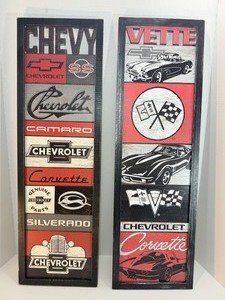 lot 215 image: Officially Licensed Vintage Style Chevrolet &amp Corvette Vertical Wood Wall Signs (Set of 2)
