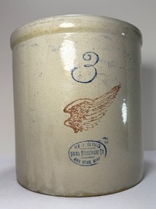 lot 50 image: Antique Red Wing 3-Gallon Union Stoneware Crock w Bold Red Wing &amp Blue Oval Stamp