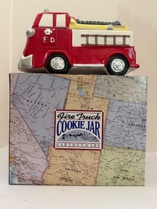 lot 180 image: RARE Vintage AMC NY NY Earthenware Fire Truck Cookie Jar w Original Map Box