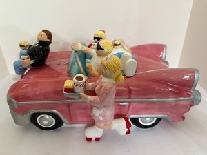 lot 107 image: VINTAGE 1997 Lotus Chubbies 50s Pink Cadillac Diner Carhop Ceramic Cookie Jar