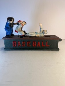 lot 58 image: Vintage Cast-Iron Mechanical Bank  Baseball Hometown Battery Style  Action Works